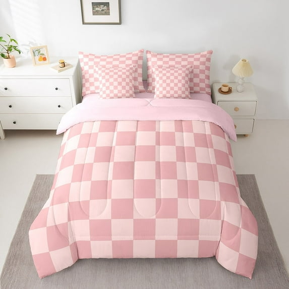 Erosebridal Plaid Buffalo Bedding Twin Size, Pink Checkered Bed in a Bag Twin size, Rectangle Room Decor, Reversible 7-Piece