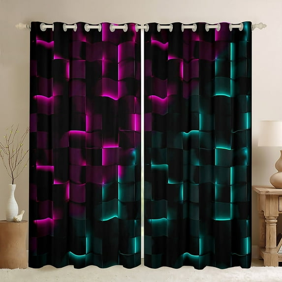 Erosebridal Plaid Buffalo Curtains for Living Room,Geometric Grid Blackout Curtains Set of 2 (38x45),Neon Gradient Curtains and Drapes (38x45),Boys Bedroom Decor
