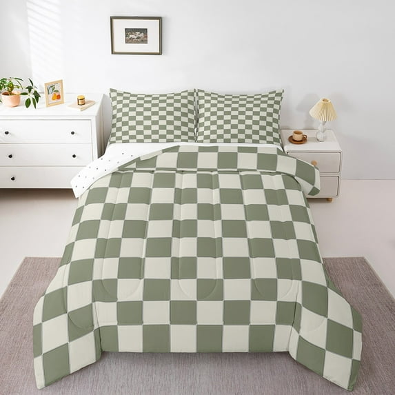 Erosebridal Plaid Comforter Set Toddler Beige Sage Green Checkerboard Quilt Set Geometric Checkered Bedding Set,Aesthetic Grid Duvet Set Modern Room Decor 2 Pcs