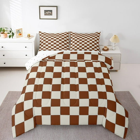 Erosebridal Plaid Comforter Set Twin Beige Caramel Brown Checkerboard Quilt Set Geometric Checkered Bedding Set,Aesthetic Grid Duvet Set Modern Room Decor 2 Pcs