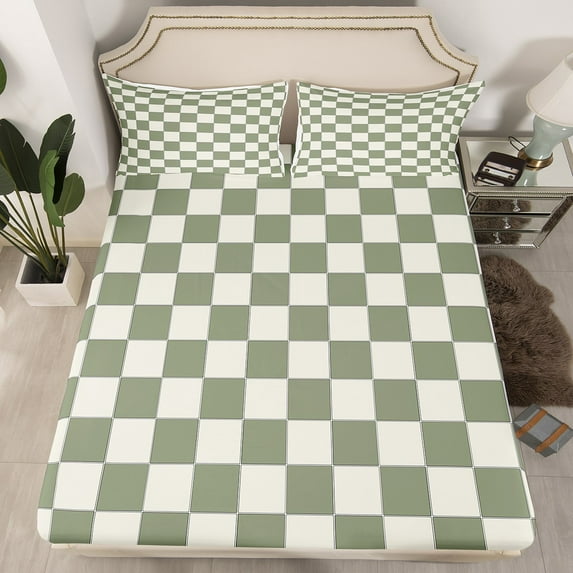 Erosebridal Plaid Fitted Sheet Full Beige Sage Green Checkerboard Bedding Geometric Checkered Bed Sheets,Aesthetic Grid Fitted Sheets Modern Room Decor 3 Pcs(No Top Sheet)