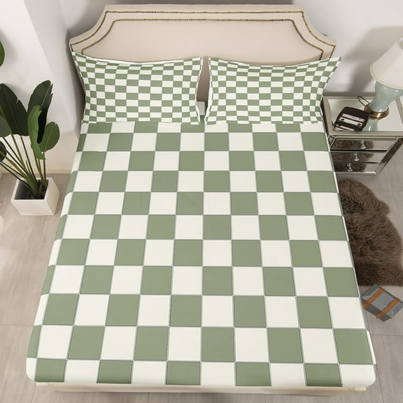 Erosebridal Plaid Fitted Sheet Queen Beige Sage Green Checkerboard Bedding Geometric Checkered Bed Sheets,Aesthetic Grid Fitted Sheets Modern Room Decor 3 Pcs(No Top Sheet)