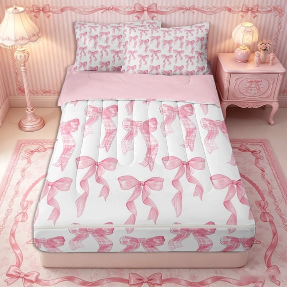 Erosebridal Plaid Gingham Bow Zipper Twin Comforter Sets with Fitted Sheet and 2 Pillowcases,Cascading Vertical Row Zipper Bedding Set,Baby Pink White,4-Piece,Pink Reversible