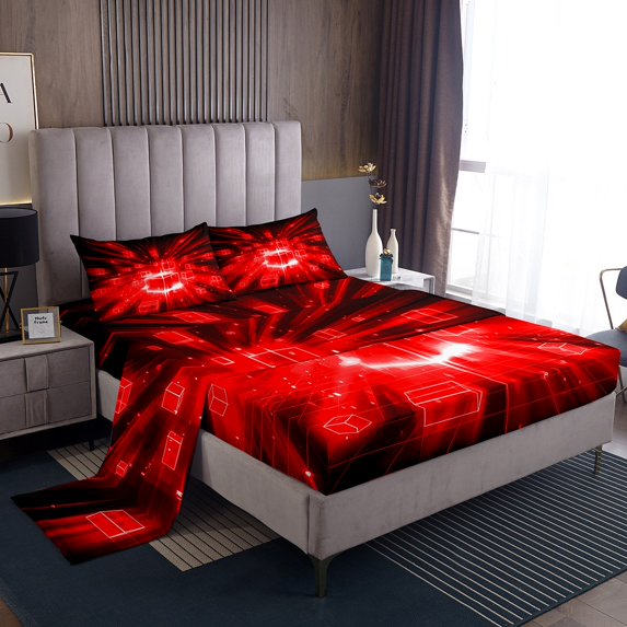 Erosebridal Plaid Grid Bed Sheets King,Geometric Checkerd King Sheet Sets,Futuristic Cubes Sheet Set King,Breathable Geometric Bedroom Decor,4pcs