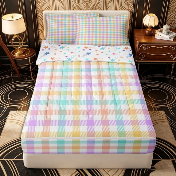 Erosebridal Plaid Grid Pattern Zipper Queen Comforter Set with Fitted Sheet and 2 Pillowcases,Check Texture Print Zipper Bedding Set,Teal Yellow Purple,Reversible