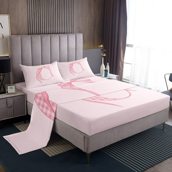 Erosebridal Plaid Initial C King Sheet Sets, Kawaii Ribbon Bedding King Size, Cartoon Bow Decor 4pcs