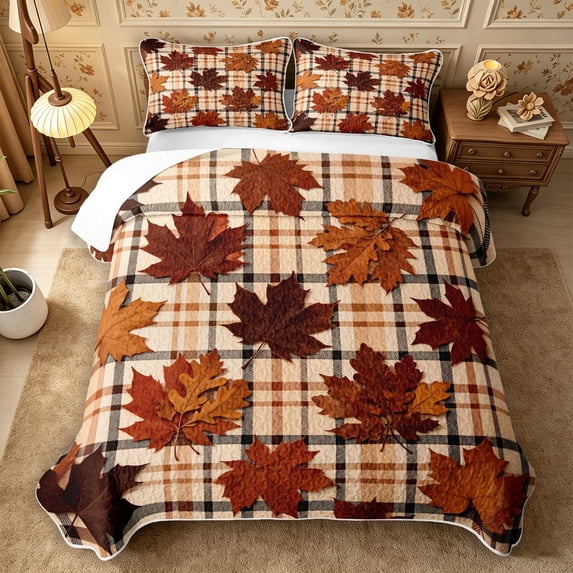 Erosebridal Plaid Leaves Quilt Full 3-Piece,Fall Checkered Full Bedspread Sets,Beige,1 Coverlet and 2 Pillowcases