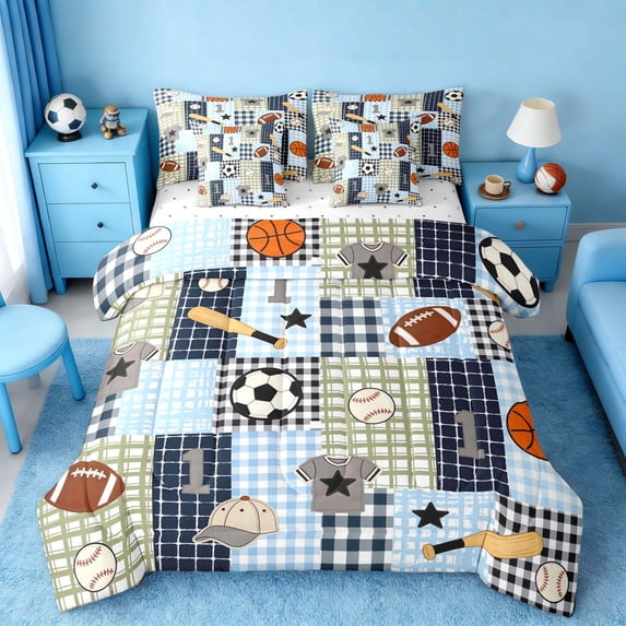 Erosebridal Plaid Soccer Baseball Bedding Comforter Set, Sport Full Bedding Set for Boys and Girls, Reversible 7 Pieces