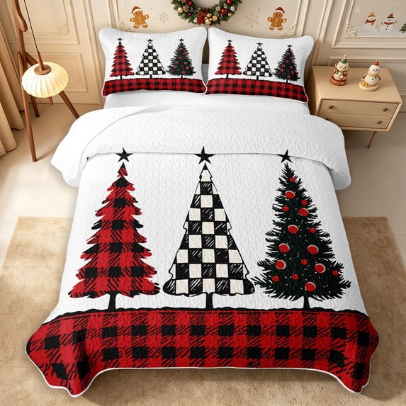 Erosebridal Plaid Trees Quilt King 3 Pieces,Christmas Check King Coverlet Set,Red Green,1 Bedspread and 2 Pillowcases