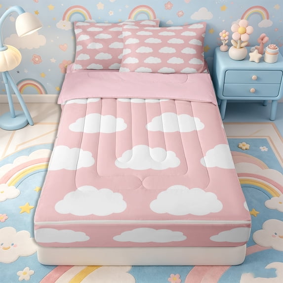 Erosebridal Plain Cloud Pattern Zipper Twin Comforter Sets with Fitted Sheet and 2 Pillowcases,Cartoon Watercolor Zipper Bedding Set,Pink White,Pink Reversible
