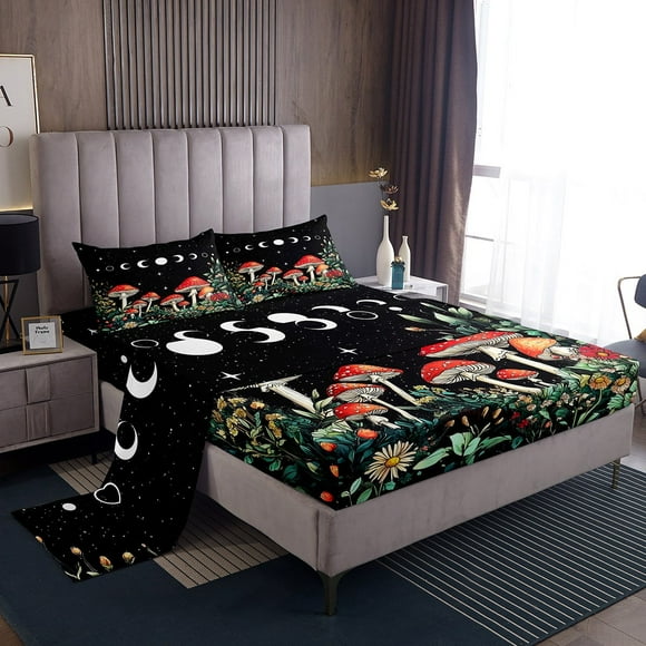 Erosebridal Plant Mushroom Twin Sheet Sets, Moon Stars Bedding Twin Size, Daisy Floral Room Decor, 3pcs