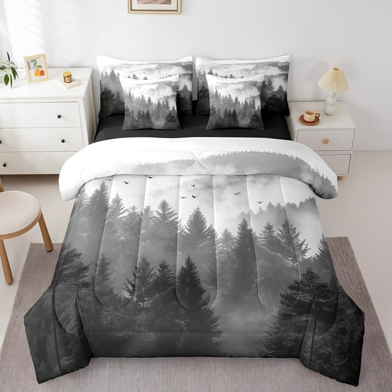 Erosebridal Plant Pine Bedding Sets King Size,Gray Woodland Tree Comforter Sets with Sheet,Ombre Nature Landscape Bed in a Bag King Size For Men Women,Breathable Bedroom Decorative Reversible,7-Piece