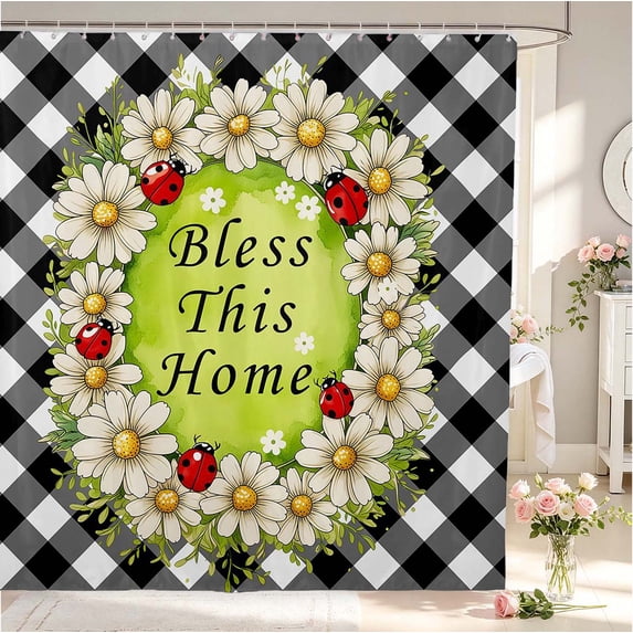 Erosebridal Playful Bug Ladybug Shower Curtain 72Wx72L,Boho Daisy Floral Bathroom Curtain,Beige Black