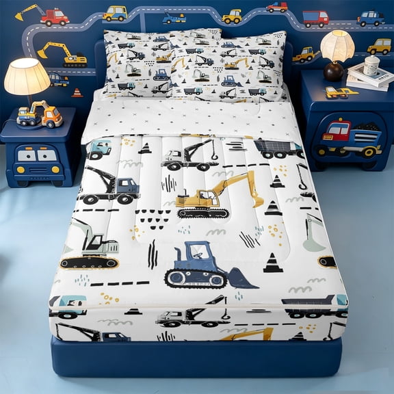 Erosebridal Playful Construction Truck Zipper Twin Comforter Sets with Fitted Sheet and 2 Pillowcases,Cartoon Excavator Road Cone Zipper Bedding Set For Boys,Reversible,4 Pieces