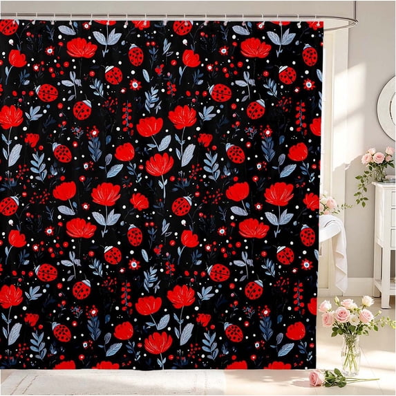 Erosebridal Playful Ladybug Shower Curtain 72Wx78L,Dreamy Daisy Flowers Bath Curtain,Black Green