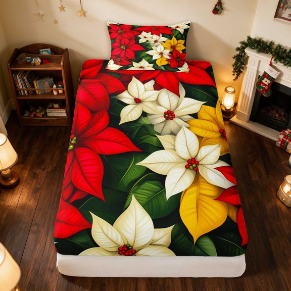 Manfei Poinsettia Twin Fitted Sheet Christmas Bedding, Teal White 2pcs 1 Fitted Sheet and 1 Pillowcase