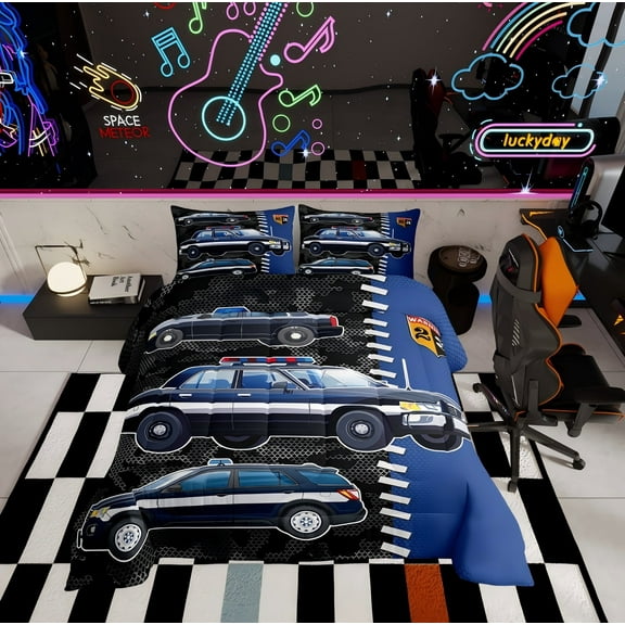 Erosebridal Police Car Comforter Sets TwinSize, Blue Truck Comforters & Duvets, Vehicle Decor, Breathable 2 Pieces