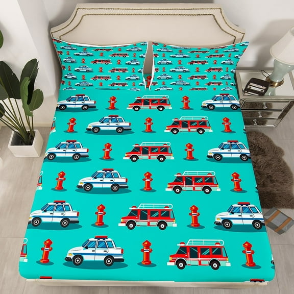 Erosebridal Police Car Fitted Sheet Twin, Fireman Truck Bedding Set Twin Size, Cartoon Car Decor 2pcs