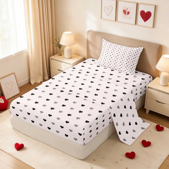 Erosebridal Polka Dot Heart Grid Pattern Twin Sheets for Girls, Minimalist Dots Love Bedding, 3pcs (1 Flat Sheet, 1 Fitted Sheet and 1 Pillowcase)