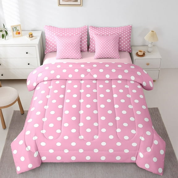 Erosebridal Polka Dots Bed in a Bag Queen size, Pink White Bedding Sets Queen Size, Kawaii Princess Reversible Comforter Sets with Sheets, Super Cozy Room Decorative, 7 Pieces