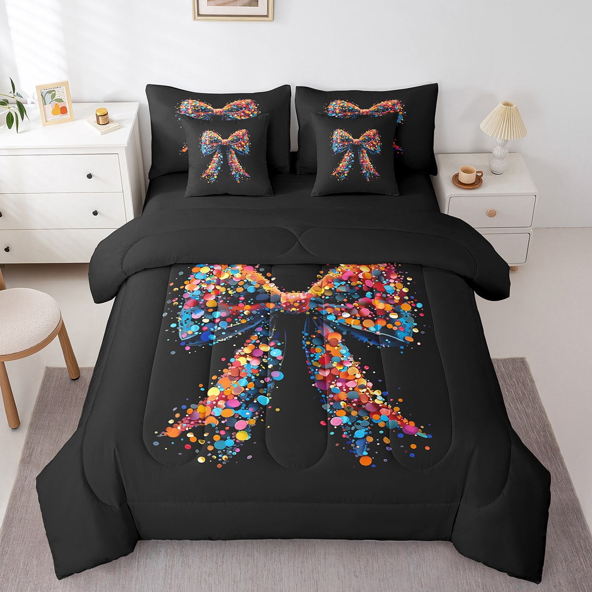 Erosebridal Polka Dots Bow Bedding Full Size, Cute Bowknot Comforter Sets with Sheets, Black Duvet Set, Ultra Soft Bedroom Decorative, Reversible 7-Piece