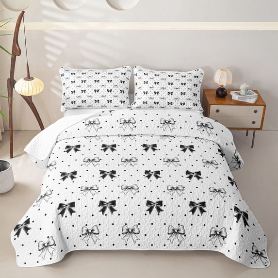 Erosebridal Polkadots Ribbon Bed Spread Queen for Girls Women, Fashion Cartoon Bow Queen Coverlet Set, White Black, 3pcs
