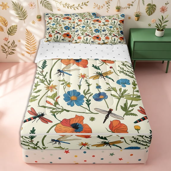 Erosebridal Poppy Daisy Flower Zipper Twin Comforter Sets with Fitted Sheet and 2 Pillowcases,Flying Dragonfly Print Zipper Bedding Set,Orange Blue Green,Reversible