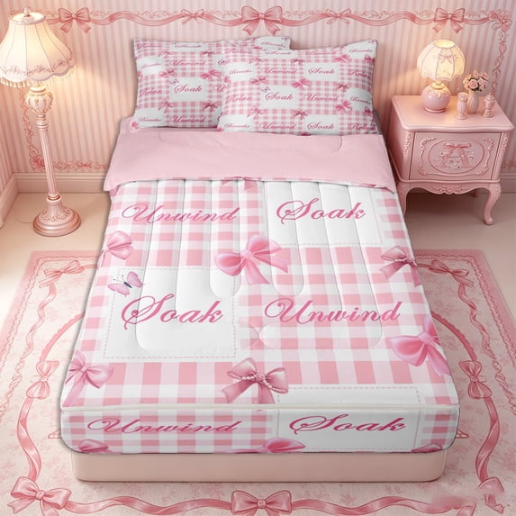 Erosebridal Preppy Gingham Bow Zipper Queen Comforter Set with Fitted Sheet and 2 Pillowcases,Serene Butterfly Quote Zipper Bedding Set,Pink White,4 Pieces,Pink Reversible