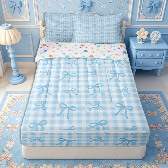 Erosebridal Preppy Line Bow Zipper Full Size Comforter Sets with Fitted Sheet and 2 Pillowcases,Classic Gingham Base Zipper Bedding Set,Sky Blue White,4pcs,Reversible