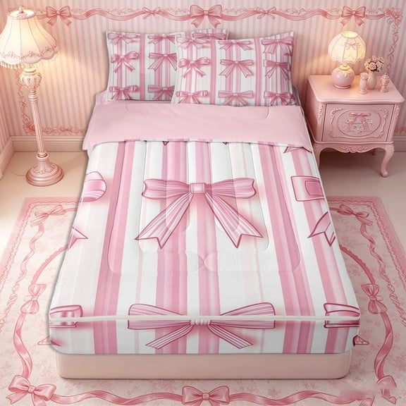 Erosebridal Preppy Satin Bow Set Zipper Twin Comforter Sets with Fitted Sheet and 2 Pillowcases,Elegant Stripe Backdrop Zipper Bedding Set,Blush Pink White,4-Piece,Pink Reversible