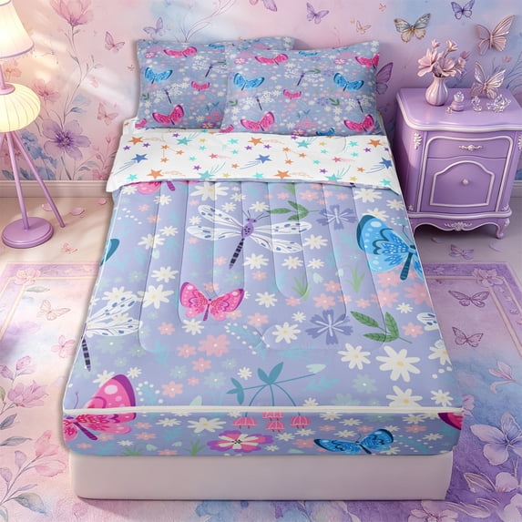 Erosebridal Pretty Butterfly Pattern Zipper Twin Comforter Sets with Fitted Sheet and 2 Pillowcases,Wild Flower Print Zipper Bedding Set,Blue Pink,Reversible
