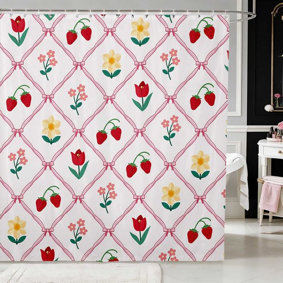 Erosebridal Pretty Satin Bow Ribbon Shower Curtain 72Wx72L for Girls, Romantic Floral Print Waterproof Bathroom Curtain
