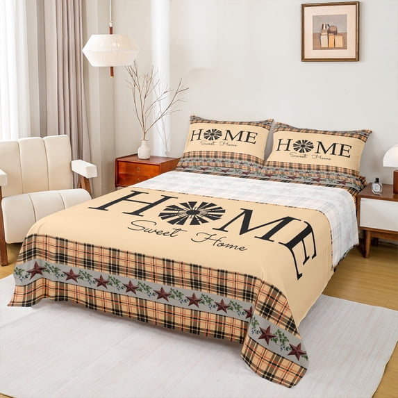 Erosebridal Primitive Country Farmhouse Bed Sheets Set,Windmill Decor Sheet Set Full Tan Khaki Black Plaid Sheets Western Vintage Flat Fitted Sheet Rustic Farmhouse Bedroom Decor,2 Pillow Cases