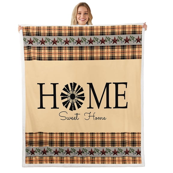 Erosebridal Primitive Country Farmhouse Throw Blanket, Windmill Decor Fleece Blanket 40"X50" Tan Khaki Black Plaid Sherpa Blanket Western Vintage Fuzzy Blanket Rustic Farmhouse Bedroom Decor
