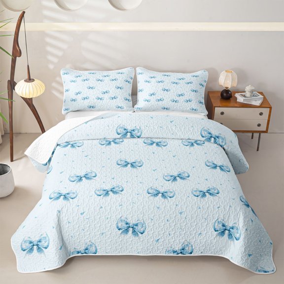 Erosebridal Princess Blue Bow Twin Quilt Set, Watercolor Cartoon Twin Coverlet Set, 2pcs