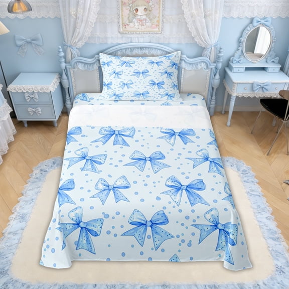 Erosebridal Princess Blue Bow Twin Sheet Sets for Girls, Blue Polkadots Bedding for Kids, 3-Piece