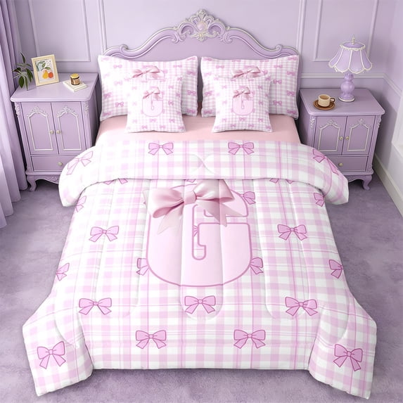 Erosebridal Princess Bow 7-Piece Twin Bedding Sets For Girls,Pink Letter G Initial Print Kids Bedding Comforter Set,Pink Reversible