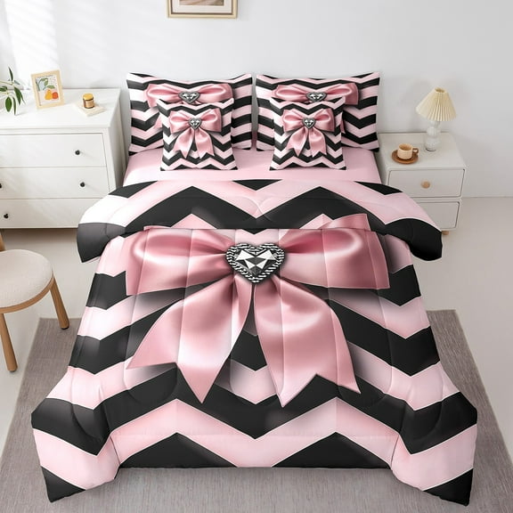 Erosebridal Princess Bow Bedding Queen Size, Chic Diamond Bed in a Bag Queen size, Pink Wave Line Decor, Reversible