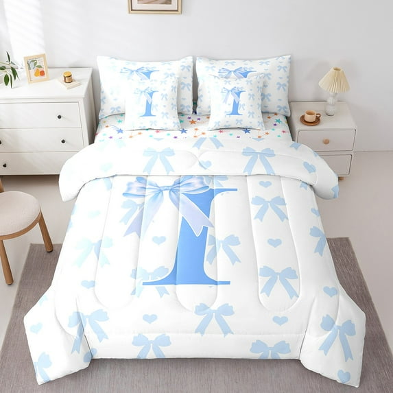 Erosebridal Princess Bow Bedding Sets Full Size, Initial I Letter Comforter Sets with Sheets, Monogrammed Reversible Bed Set, Ultra Soft Room Decorative, 7-Piece