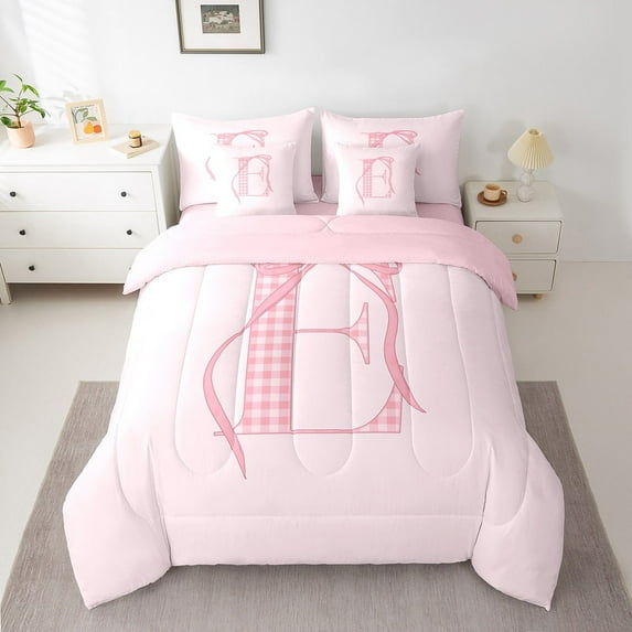 Erosebridal Princess Bow Bedding Sets Full Size, Pink Buffalo Comforter Sets with Sheets, Initial E Letter Decor, Reversible 7-Piece
