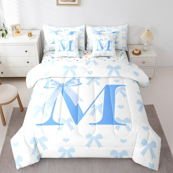 Erosebridal Princess Bow Bedding Twin Size, Initial M Letter Bedding Sets Twin Size, Monogrammed Reversible Comforter Sets with Sheets, Super Cozy Room Decoration, 7-Piece