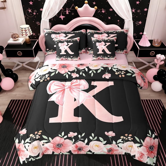 Erosebridal Princess Bow K Bedding Comforter Set 7pcs, Spring Flower King Bedding Sets, Pink Reversible