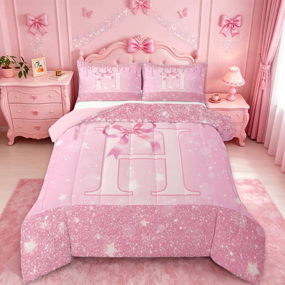 Erosebridal Princess Bow Kids Queen Comforter Set For Girls,Letter H Initial Lettering Bedding Comforter Set,Pink Reversible,3-Piece