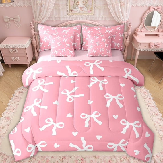 Erosebridal Princess Bow Ribbon Bedding Comforter Set for Girls, Cute Love Heart Queen Bedding Sets, Pink Reversible, 7-Piece