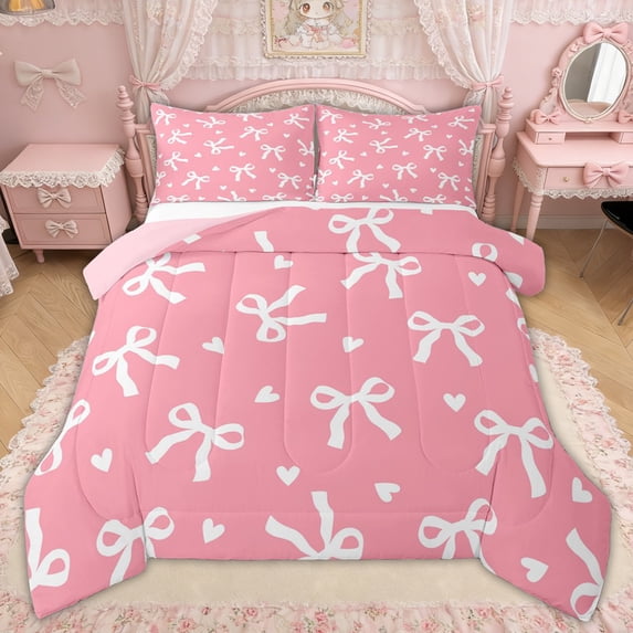 Erosebridal Princess Bow Ribbon Full Size Comforter Sets for Girls, Cute Love Heart Bedding Sets, Pink Reversible, 3-Piece