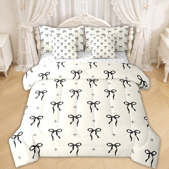 Erosebridal Princess Bow Stars Bedding Comforter Set for Girls, Kawaii Bowknot Full Bedding Set for Women, Reversible, 7pcs