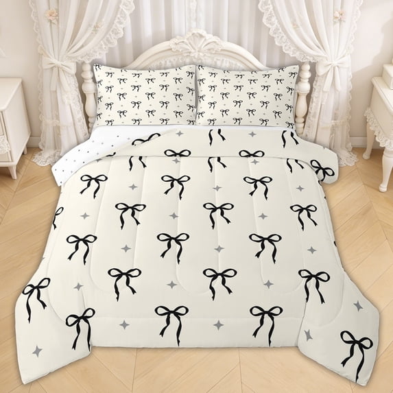 Erosebridal Princess Bow Stars Full Size Comforter Sets for Girls, Kawaii Bowknot Bedding Sets for Women, Reversible, 3pcs