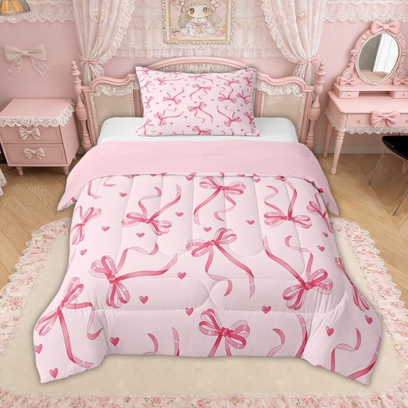 Erosebridal Princess Bow Stripes Twin Comforter Sets for Girls, Cute Love Heart Bedding Set, Pink Reversible, 2 Pieces