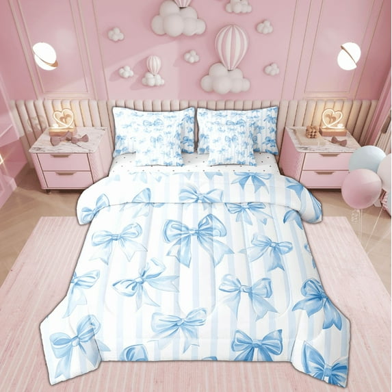 Erosebridal Princess Bow Tie Bedding Sets Twin Size , Bowknot Striped Comforter Sets with Sheets, Blue White, Breathable 7 Pieces