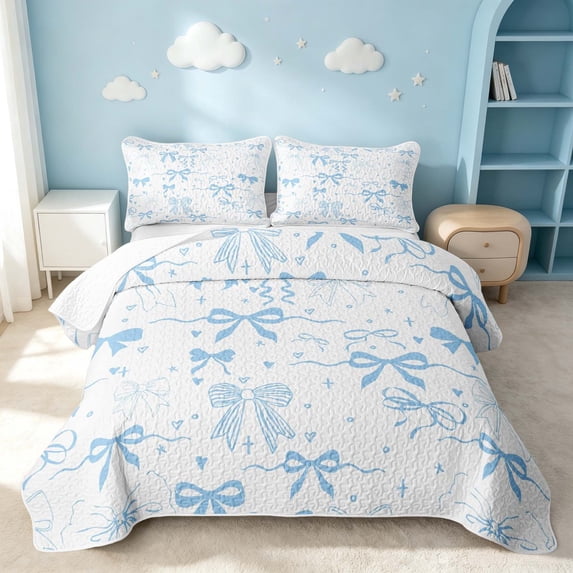 Erosebridal Princess Bow Tie Quilt Full, Princess Ribbon Full Bedspread Sets, Reversible, Sky Blue White, 3-Piece (1 Coverlet and 2 Pillowcases)